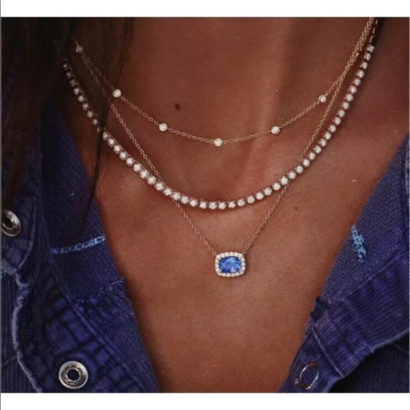 Justine’s Chic Boutique Jewelry - 3-Layer Cubic Zirconia & Blue Crystal Necklace
